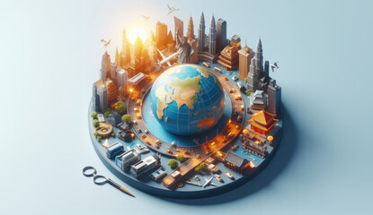 the world in the city, small world, featuring iconic buildings from around the globe, transportation means, and a globe in the center