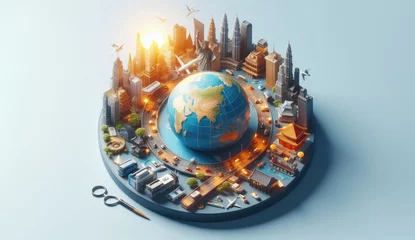 Fotobehang the world in the city, small world, featuring iconic buildings from around the globe, transportation means, and a globe in the center © Jiwa_Visual