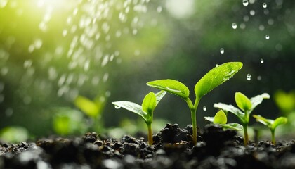 young plants growing up on ground with raining drop save the life
