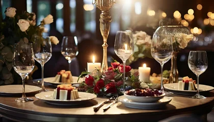 Deurstickers elegant and select wedding decoration restaurant table wine glass and appetizers on the bar table soft light and romantic atmosphere dinner service menue guests candle © Diann