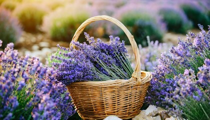 wicker basket of freshly cut lavender flowers a field of lavender bushes the concept of spa aromatherapy cosmetology - obrazy, fototapety, plakaty
