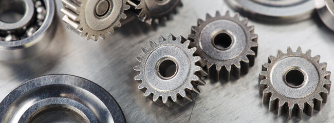 Gears, bearings and mechanism parts.Elements of mechanical blocksand construction. - obrazy, fototapety, plakaty