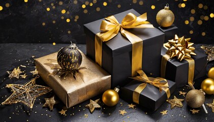christmas or black friday gifts or presents in black and gold on a black background