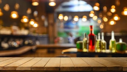 Fototapeta na wymiar defocused background and bottles of restaurant bar or cafeteria background wooden table top for product display