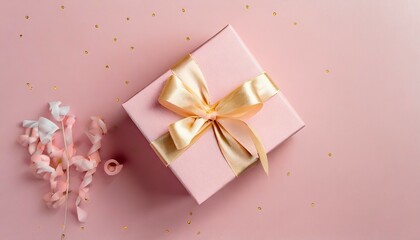Obraz na płótnie Canvas top view on pink gift box on pastel pink background generative ai