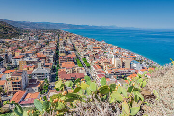 Panoramic view of Capo d'Orlando from the castle ruins, province of Messina IT - 696042955