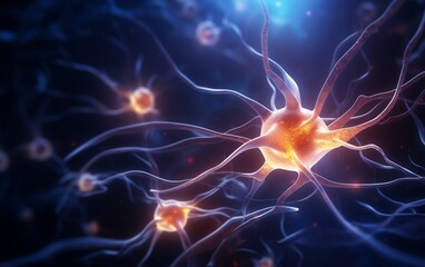 Neuron cells with light pulses trying to communicate with each other.
