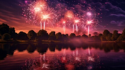 rand finale of a fireworks show reflected in the calm waters of a river, creating a stunning visual display
