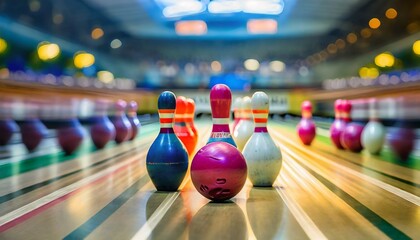motion blur of bowling ball skittles on the playing field - obrazy, fototapety, plakaty