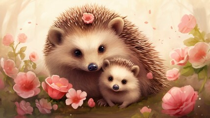Mothers day card. Illustration of a mother hedgehog and her child in the forest among pink flowers....