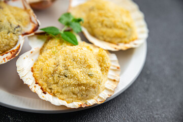 scallop Saint Jacques terrine soufflé baked stuffed seafood fresh delicious eating cooking appetizer meal food snack on the table copy space