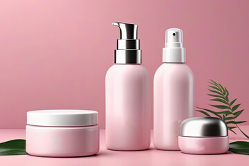 cosmetic mockup set on pink background. Perfect for showcasing beauty products in style.