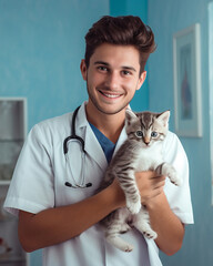 Veterinarian holding a kitten on the light blue background of Veterinary clinic