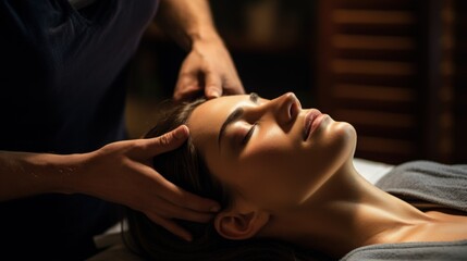 Relaxing Head Massage at a Tranquil Spa. Woman receiving a calming head massage in a softly lit spa environment. - obrazy, fototapety, plakaty