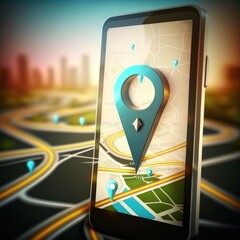 Point on smartphone with gps navigator icon and map on blur traffic road abstract background location right way application touch modern Generative AI 