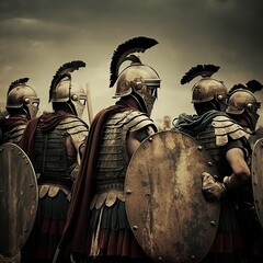 ancient roman, soldiers before entering the battlefield  in line of battle ready to fight close up with a round shield in their hands Generative AI  - obrazy, fototapety, plakaty