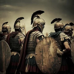 Fotobehang ancient roman, soldiers before entering the battlefield  in line of battle ready to fight close up with a round shield in their hands Generative AI  © Gerg