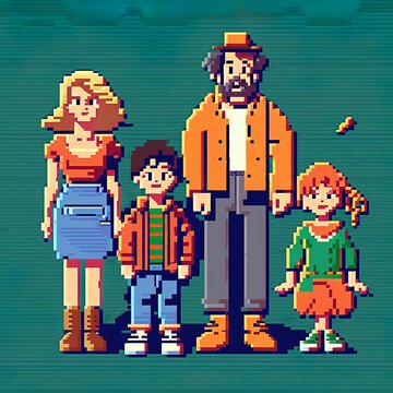 Pixel art vector-style image of family old commodore 64 compuet games parents and children virtual reality mother father little girl and boy Generative AI 