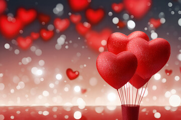Valentines Day background with red hearts and bokeh