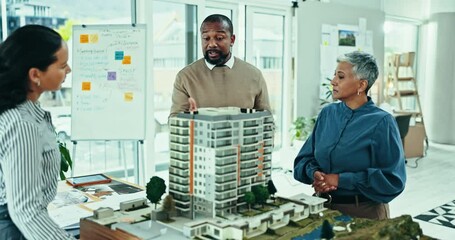 Business people, 3d model and architecture in office for design planning, development or project teamwork. Group engineering, manager or designer in collaboration with city building and prototype