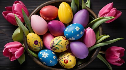 Festive Easter Image with Decorated Eggs in Basket. Easter Concepts, Greetings