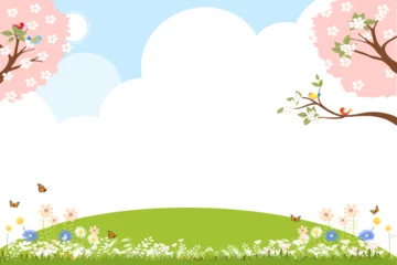 Poster Spring landscape with cherry flower,tree on White cloud,blue sky background Vector illustration cartoon garden with green grass meadow on hills in park,Cute Easter banner of Nature with flower blossom © Anchalee