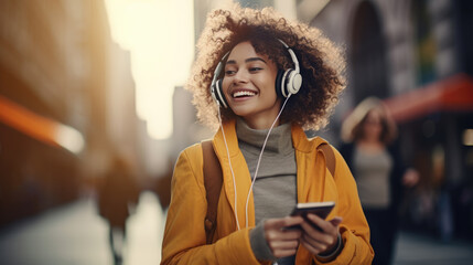Young woman with curly hair smiling while looking at her phone and listening to music with headphones in an urban outdoor setting. - obrazy, fototapety, plakaty