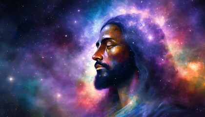 rosto cósmico de jesus cristo no espaço, galáctico, universal, religioso