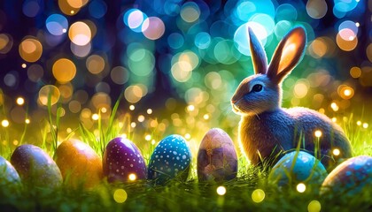 Fototapeta na wymiar coelho da páscoa com seus ovos de chocolate sobre a grama, fundo colorido fantástico, bokeh