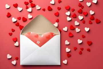 Valentine day greeting concept. Envelope and red hearts top view