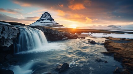 Kirkjufell mountain and kirkjufellsfoss waterfall at sunset are a sight to behold.