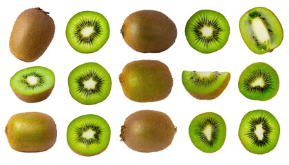  Delicious ripe kiwi fruits cut out  - obrazy, fototapety, plakaty