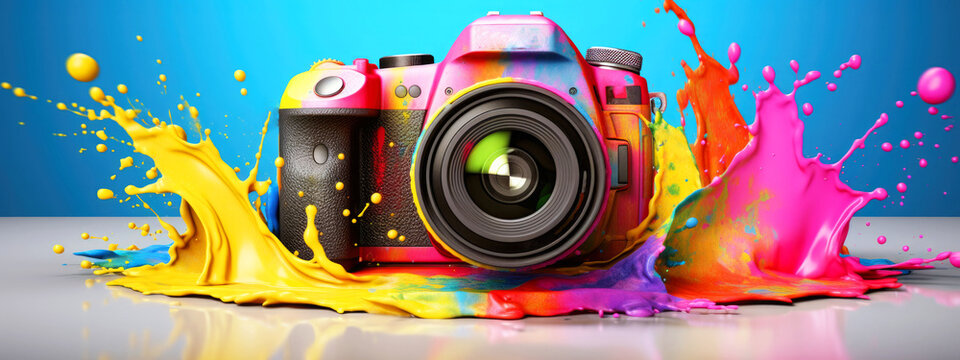 Bright professional digital camera in bright paint splatter on blue background