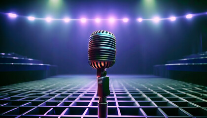 Retro microphone in the style of the 80s, 70s against the background of stage lights. Concept of...