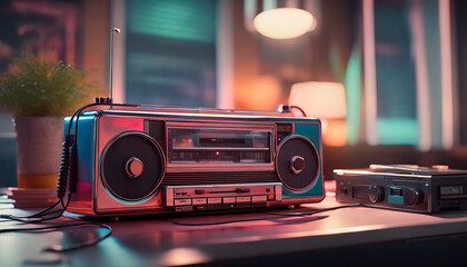 Retro cassette recorder in a room with 80s interior. Vintage photo in old style