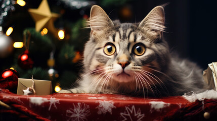 The Christmas portrait of the cat with surprise and joy in the eyes