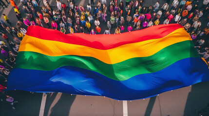 protestors holding rainbow color flag in the street ,  LGBTQ concept