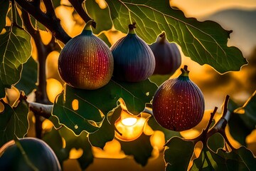A close up of a fully riped couple of fig hanging on a branch - obrazy, fototapety, plakaty
