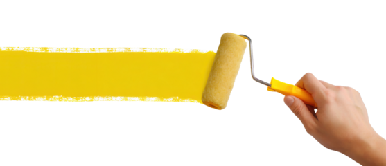 Hand draws with yellow paint using a roller brush - on transparent background