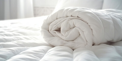 Fototapeta na wymiar White folded duvet lying on white bed background. Preparing for winter season, household, domestic activities, hotel or home textile 