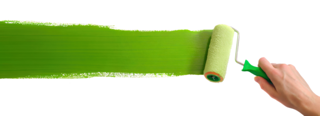 Hand draws with green paint using a roller brush - on transparent background