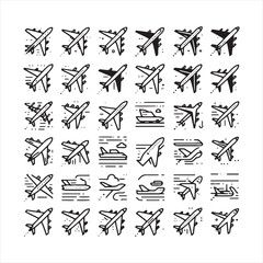 Set of Airplane Icons: Simplified and Elegant Aircraft Symbols, Ideal for Aviation-themed Graphic Projects - Minimallest black vector set of Flying plane icons
