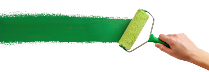 Hand draws with green paint using a roller brush - on transparent background