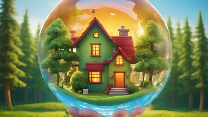 A transparent glass ball with a house inside and trees inside as symbol of green energy. World Earth Day, Environmental Day and Water Day concept for banner