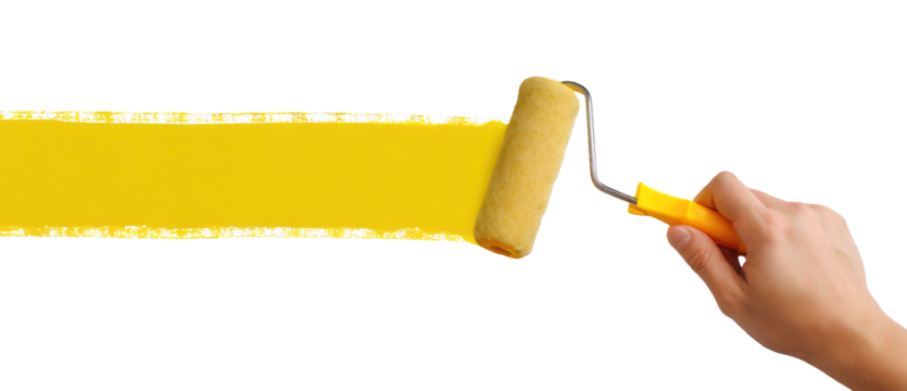 Hand draws with yellow paint using a roller brush - on transparent background