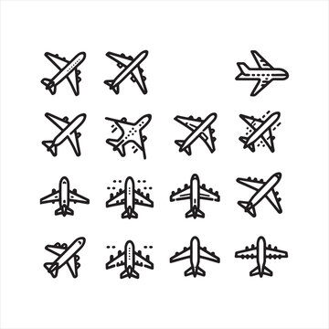 Set of Airplane Icons: Graphic Representations of Flying Machines, Tailored for Travel and Transportation Designs - Minimallest black vector set of Flying plane icons
