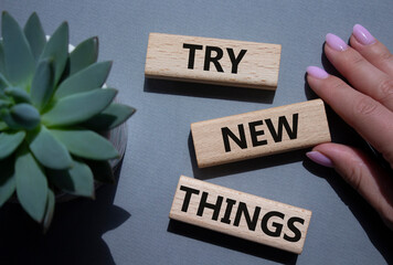 Try new Things symbol. Concept words Try new Things on wooden blocks. Businessman hand. Beautiful grey background. Business and Try new Things concept. Copy space.