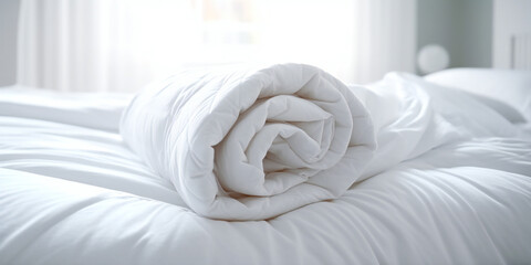 Fototapeta na wymiar White folded duvet lying on white bed background. Preparing for winter season, household, domestic activities, hotel or home textile 