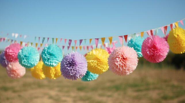 Decoration for a birthday party, featuring balloons, garlands, and confetti. Suitable for themes related to celebration and events