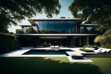 An architecturally stunning mansion with a sleek, reflective facade, nestled within a beautifully landscaped garden.